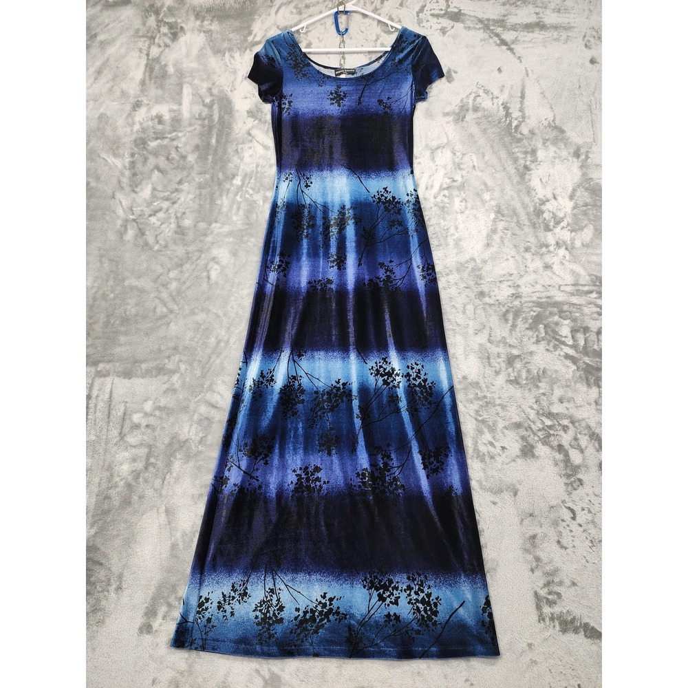 Vintage Maria Bonita Dress Womens S Blue Black Floral Velvet‎ Short Sleeve Maxi